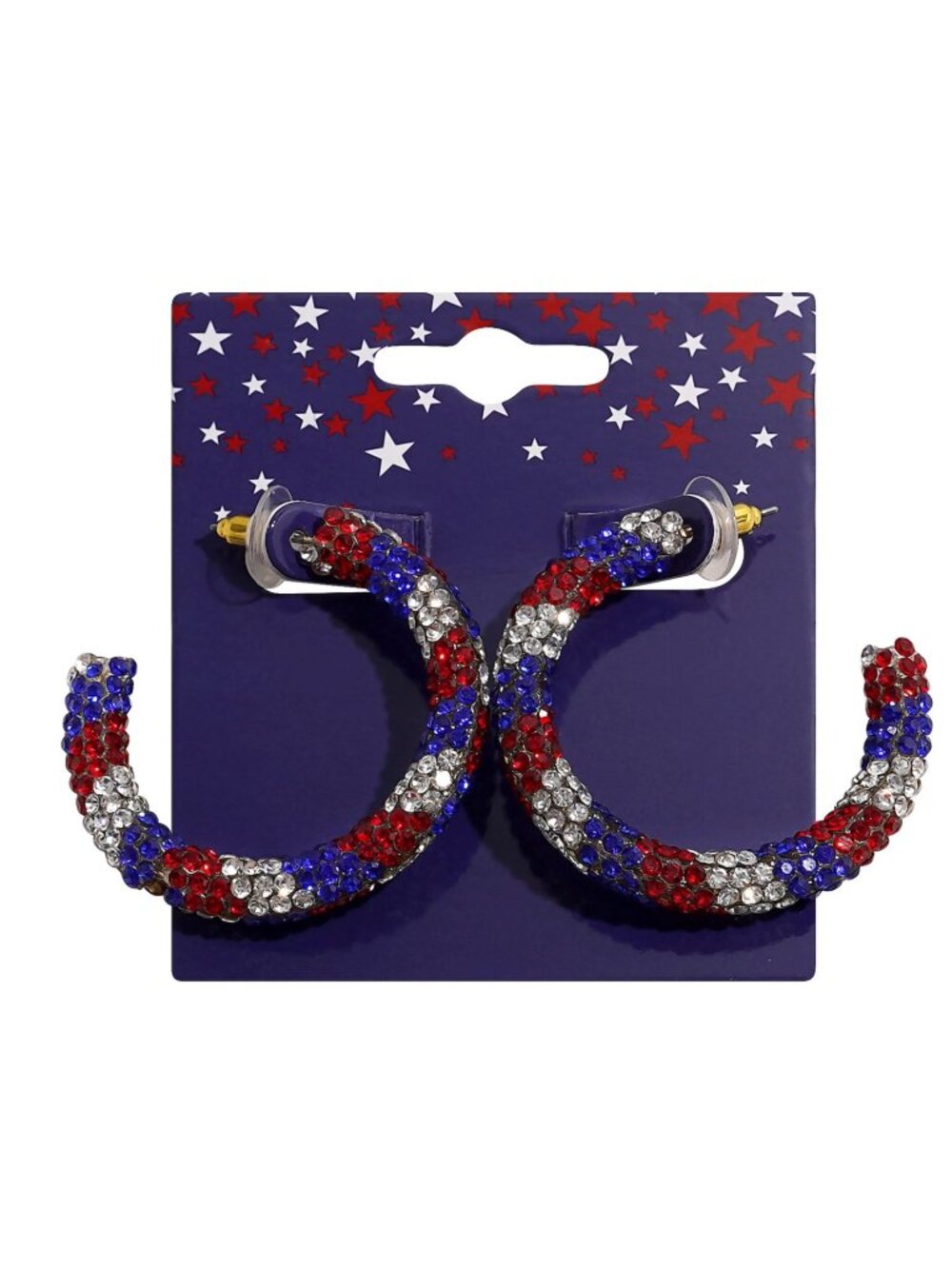 Gold Tone Simulated Stone Red, White and Blue Hoop Earrings